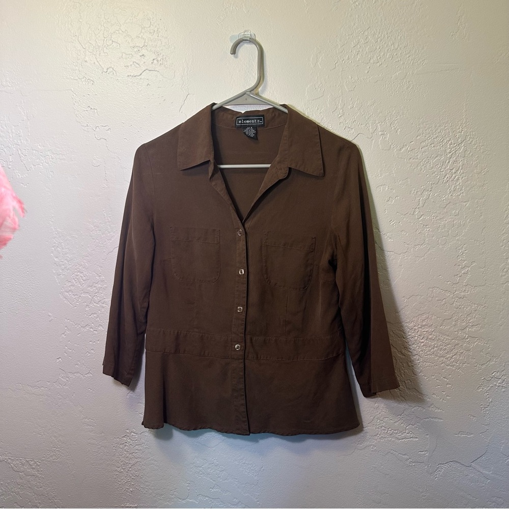 Elementz 100% Silk Button Down. Size Small Brown - image 2